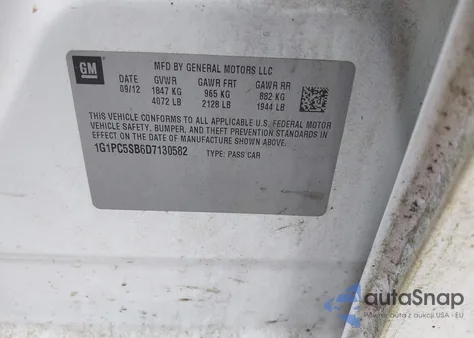 2013 Chevrolet Cruze 1Lt Auto из США, поврежденный, VIN 1G1PC5SB6D7130582